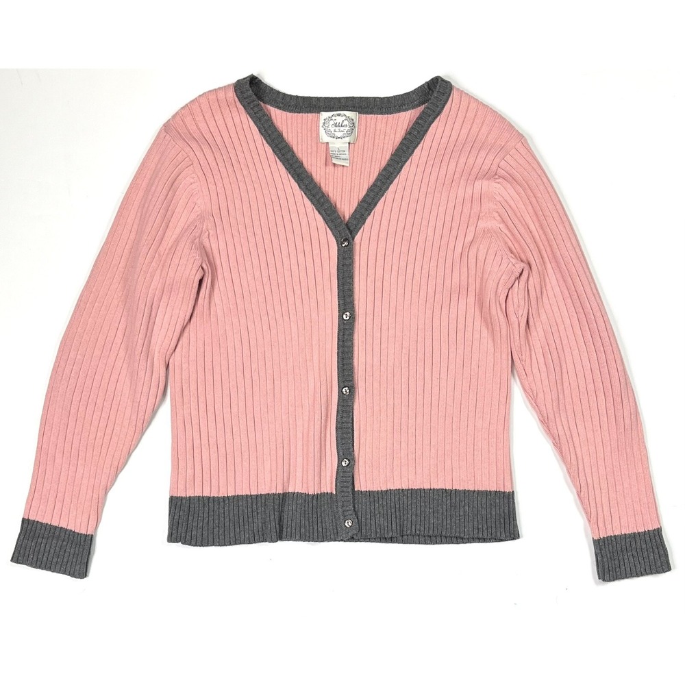 Stitches in Time Sweater Women's Large Pink Cardigan Button Up Long Sleeve